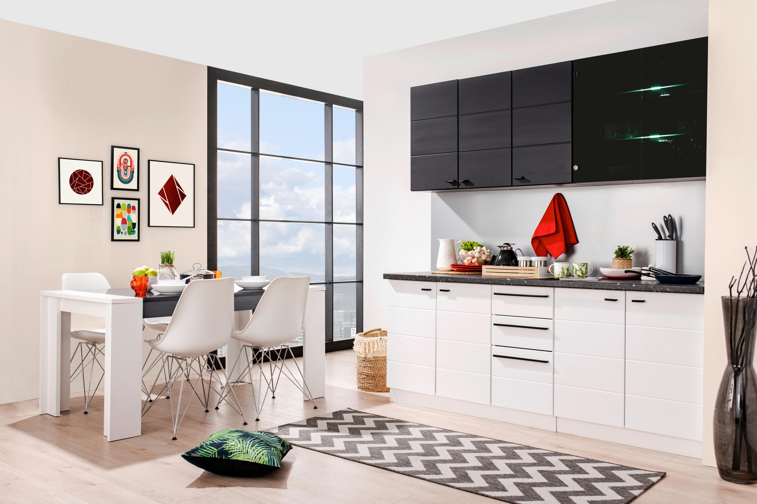KONYHABLOKK GÉPEK NÉLKÜL 200/51/31/200 cm  - fekete/fehér, Basics, faalapú anyag/Üveg (200/51/31/200cm) - Carryhome