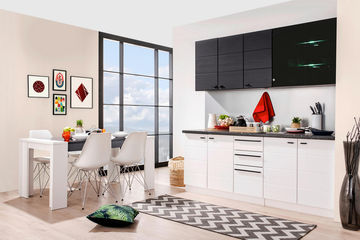 KONYHABLOKK GÉPEK NÉLKÜL 200/51/31/200 cm  - fekete/fehér, Basics, faalapú anyag/Üveg (200/51/31/200cm) - Carryhome