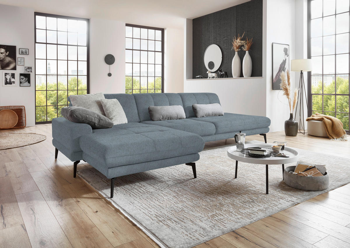ECKSOFA in Flachgewebe Blaugrau  - Blaugrau/Schwarz, Design, Textil/Metall (190/309cm) - Beldomo Style