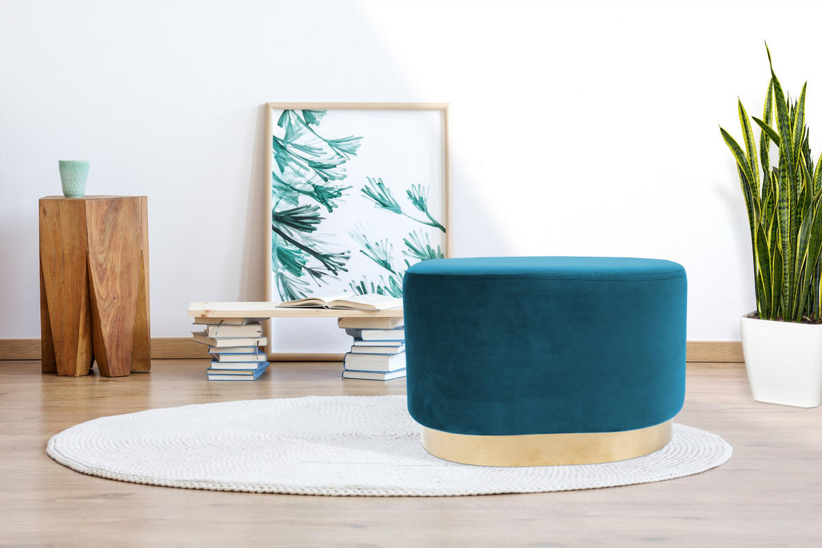 HOCKER Samt Kiefer Petrol  - Goldfarben/Petrol, Basics, Holz/Textil (35,5/43/55cm) - Kayoom