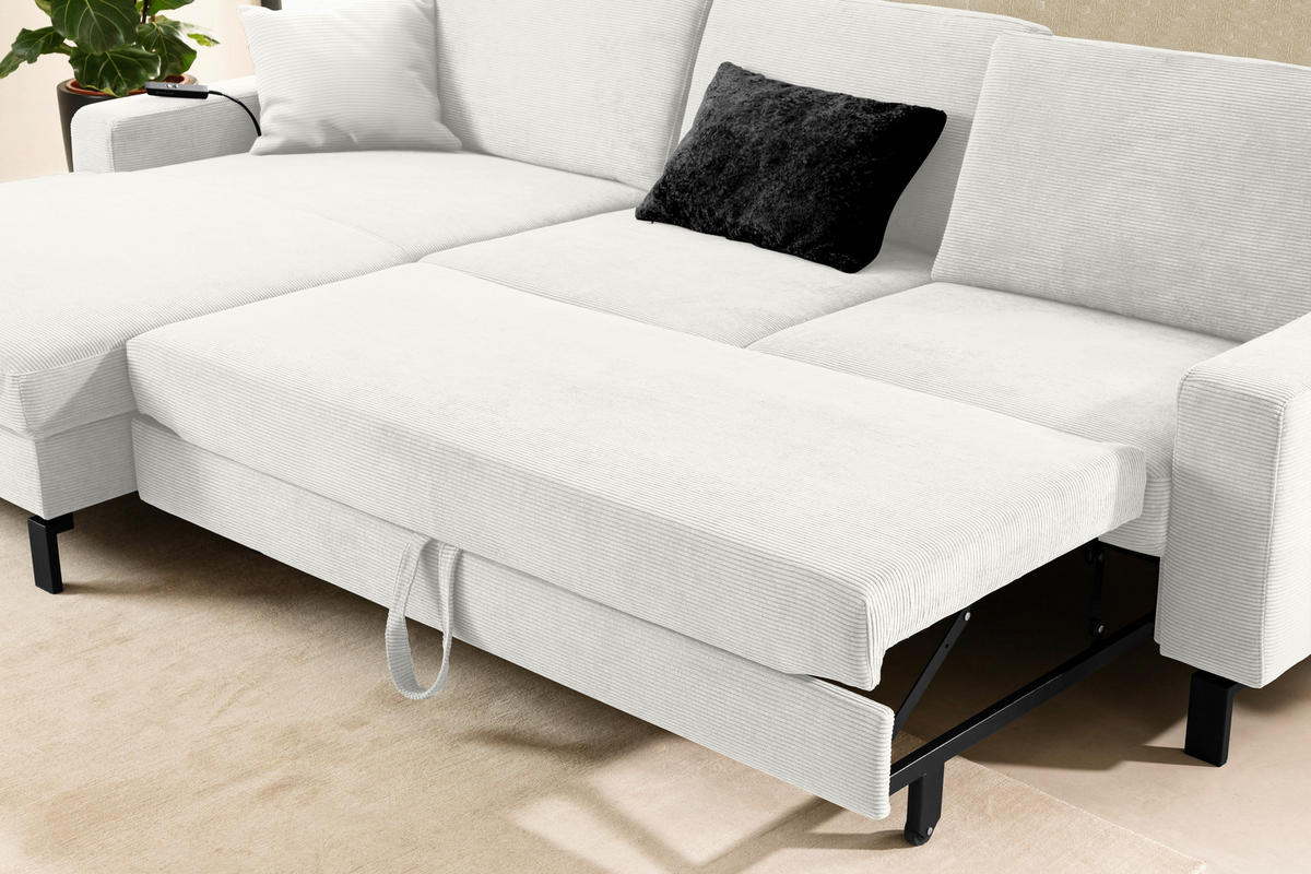 ECKSOFA in Cord Weiss  - Weiss/Schwarz, Design, Textil/Metall (185/298cm) - Pure Home Lifestyle