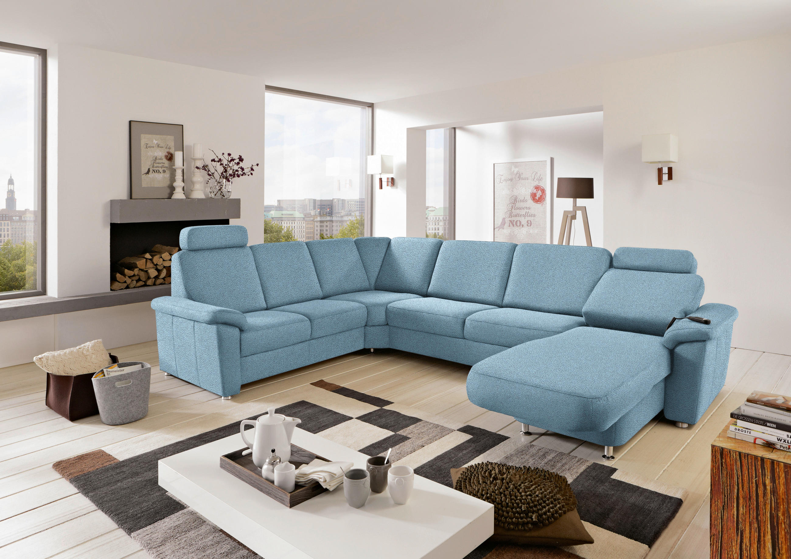 WOHNLANDSCHAFT in Flachgewebe Hellblau  - Chromfarben/Hellblau, Konventionell, Textil/Metall (240/330/163cm) - Beldomo System