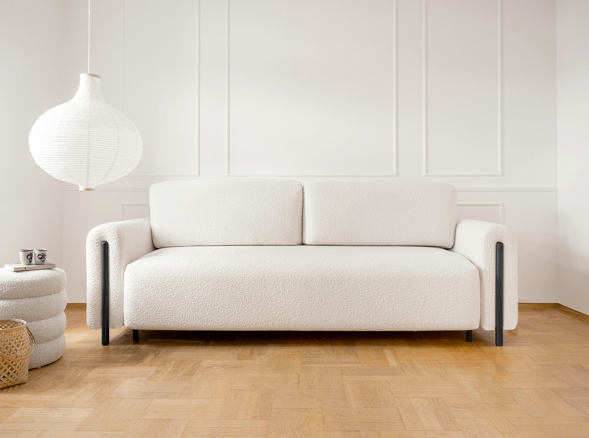 SCHLAFSOFA Bouclé Creme, Schwarz  inkl.  - Creme/Schwarz, Design, Holz/Textil (244/97/97cm) - MID.YOU