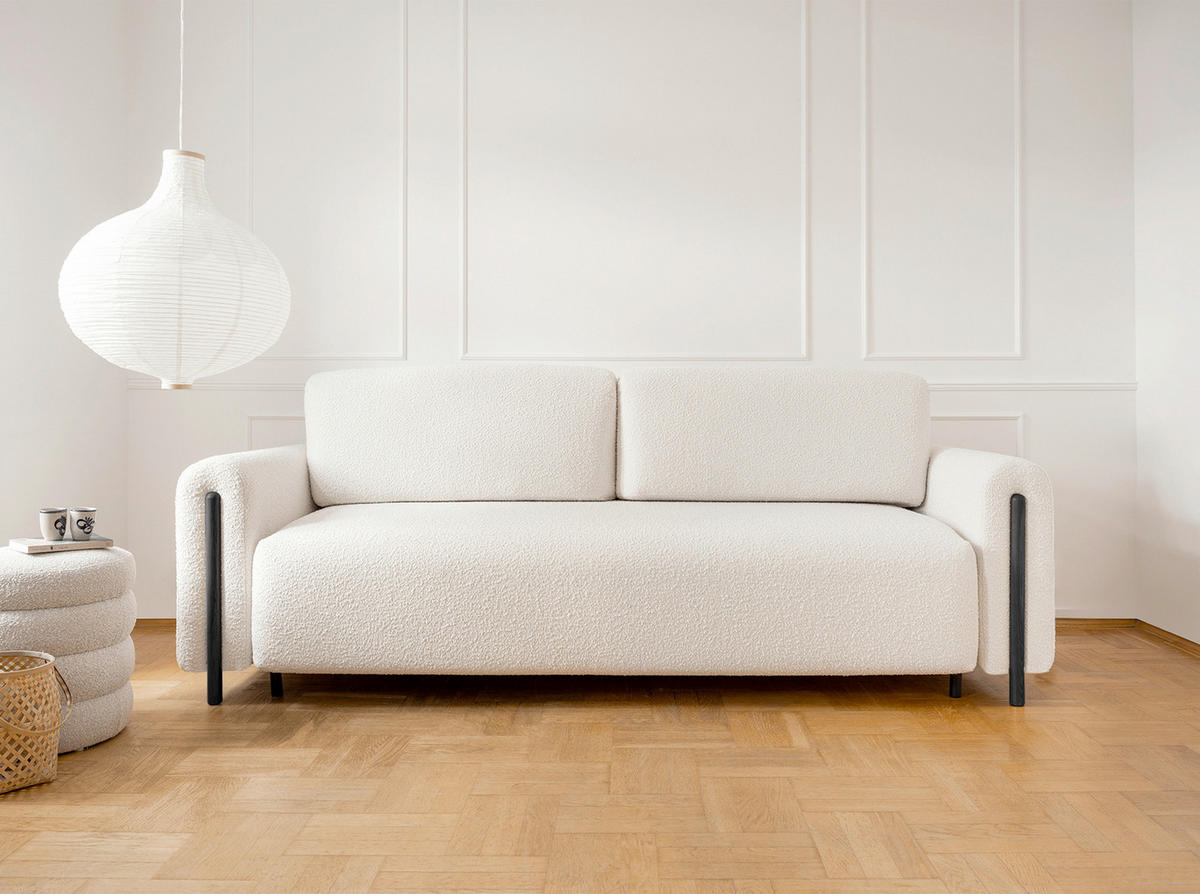 SCHLAFSOFA Bouclé Creme, Schwarz  - Creme/Schwarz, Design, Holz/Textil (244/97/97cm) - MID.YOU