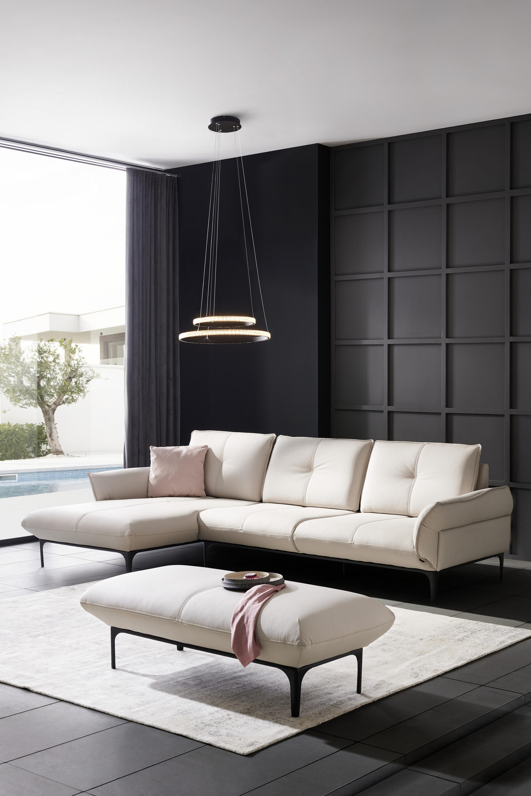 HOCKER Echtleder Creme  - Creme/Schwarz, Design, Leder/Metall (140/43/72cm) - Valnatura