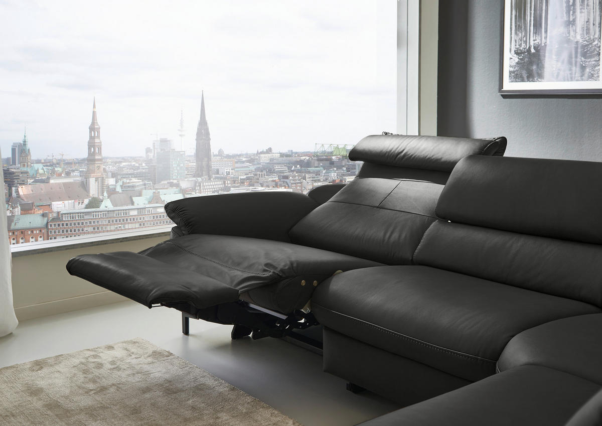ECKSOFA Valdera Schwarz Echtleder  - Schwarz, Design, Leder/Metall (280/246cm) - Hukla
