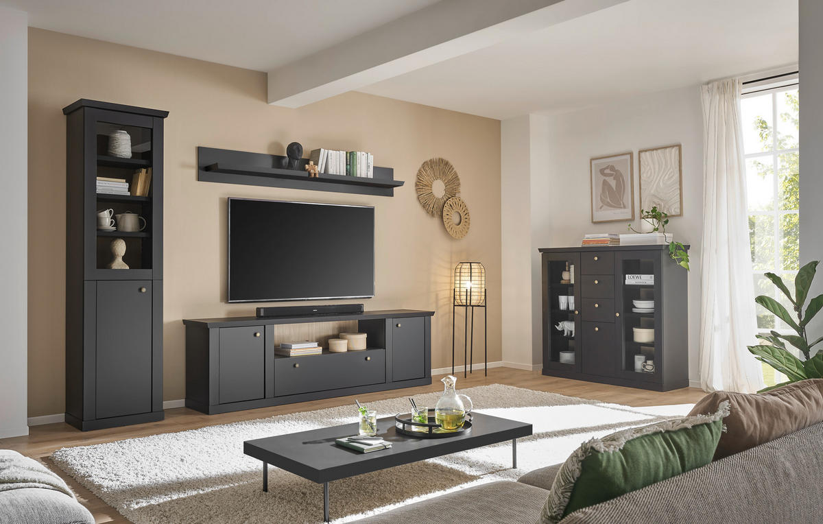 WOHNWAND 3-teilig  in Schwarz, Eichefarben  270/200/42 cm  - Eichefarben/Messingfarben, Design, Holzwerkstoff/Metall (270/200/42cm) - MID.YOU