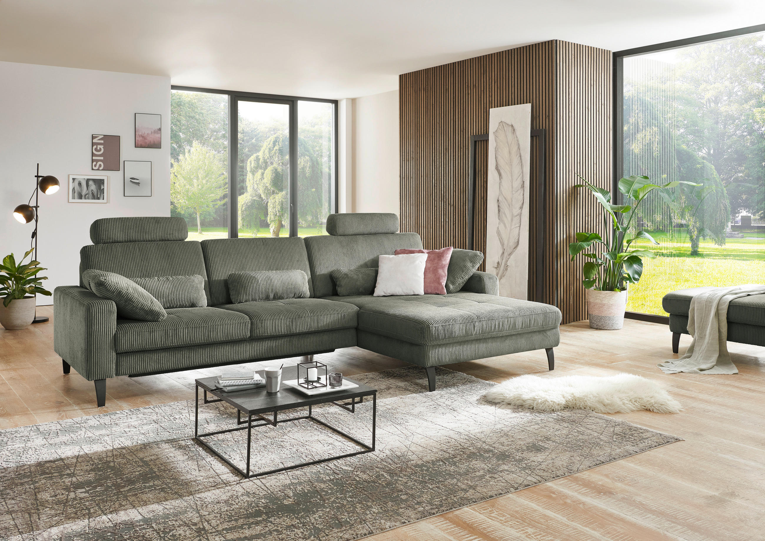 ECKSOFA in Cord Olivgrün  - Schwarz/Olivgrün, Modern, Textil/Metall (302/177cm) - Beldomo Style