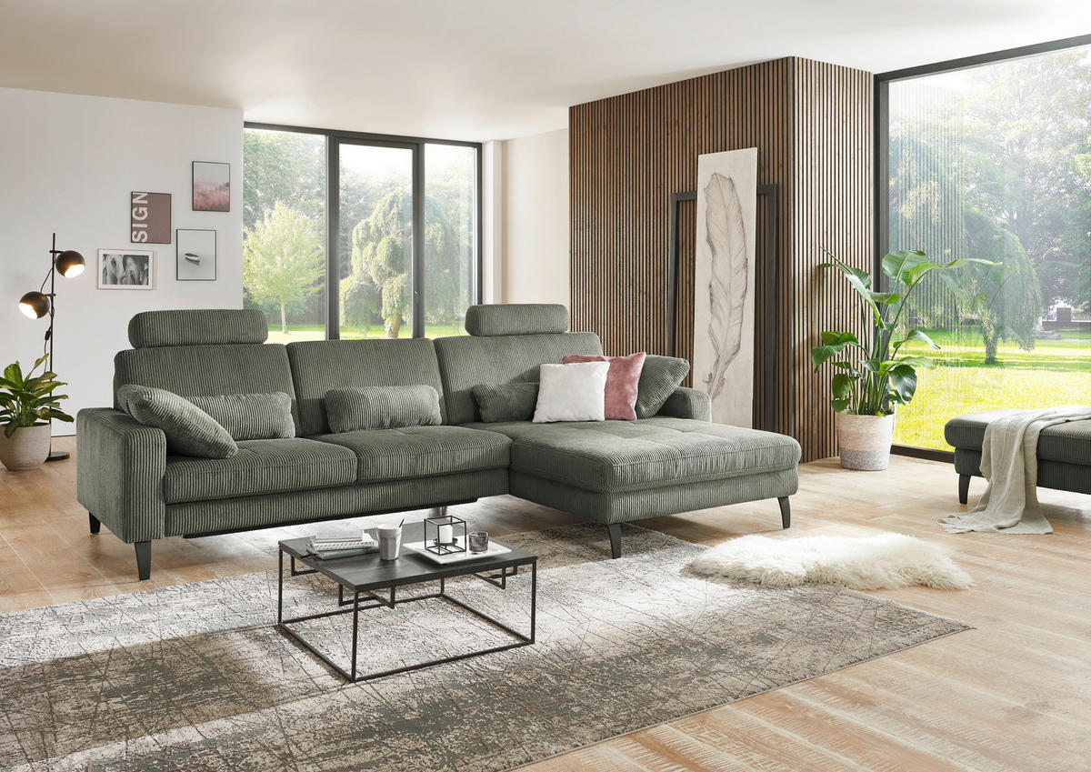 ECKSOFA in Cord Olivgrün  - Schwarz/Olivgrün, Modern, Textil/Metall (302/177cm) - Beldomo Style