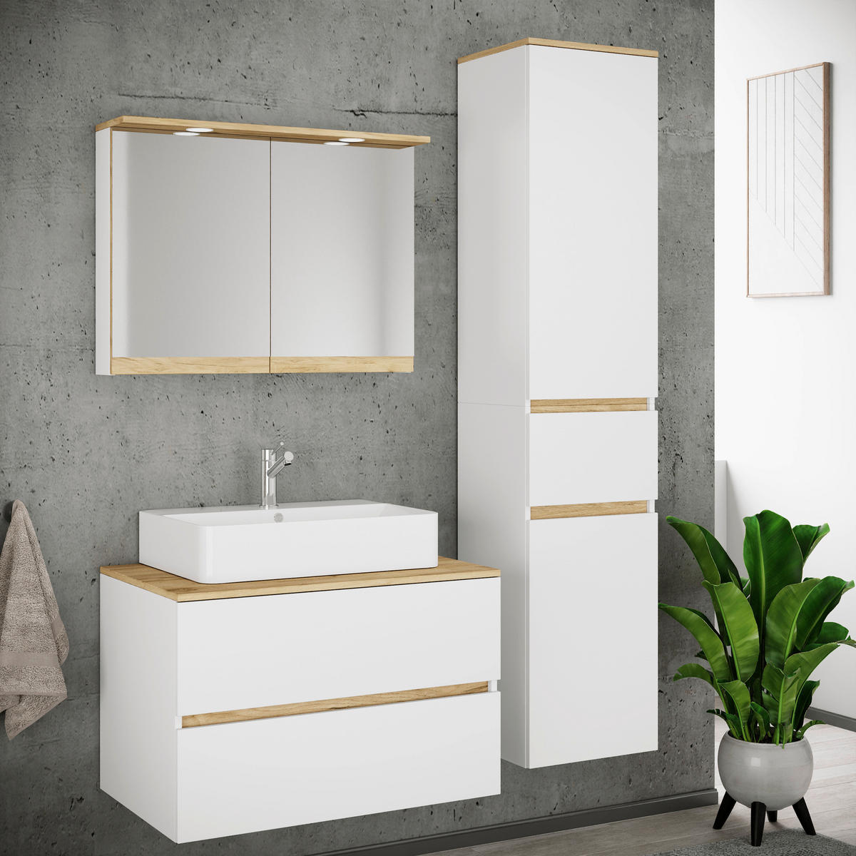 BADEZIMMER 4-teilig  in 120 cm  - Honigeiche/Weiß, Trend, Keramik/Holzwerkstoff (120cm) - MID.YOU