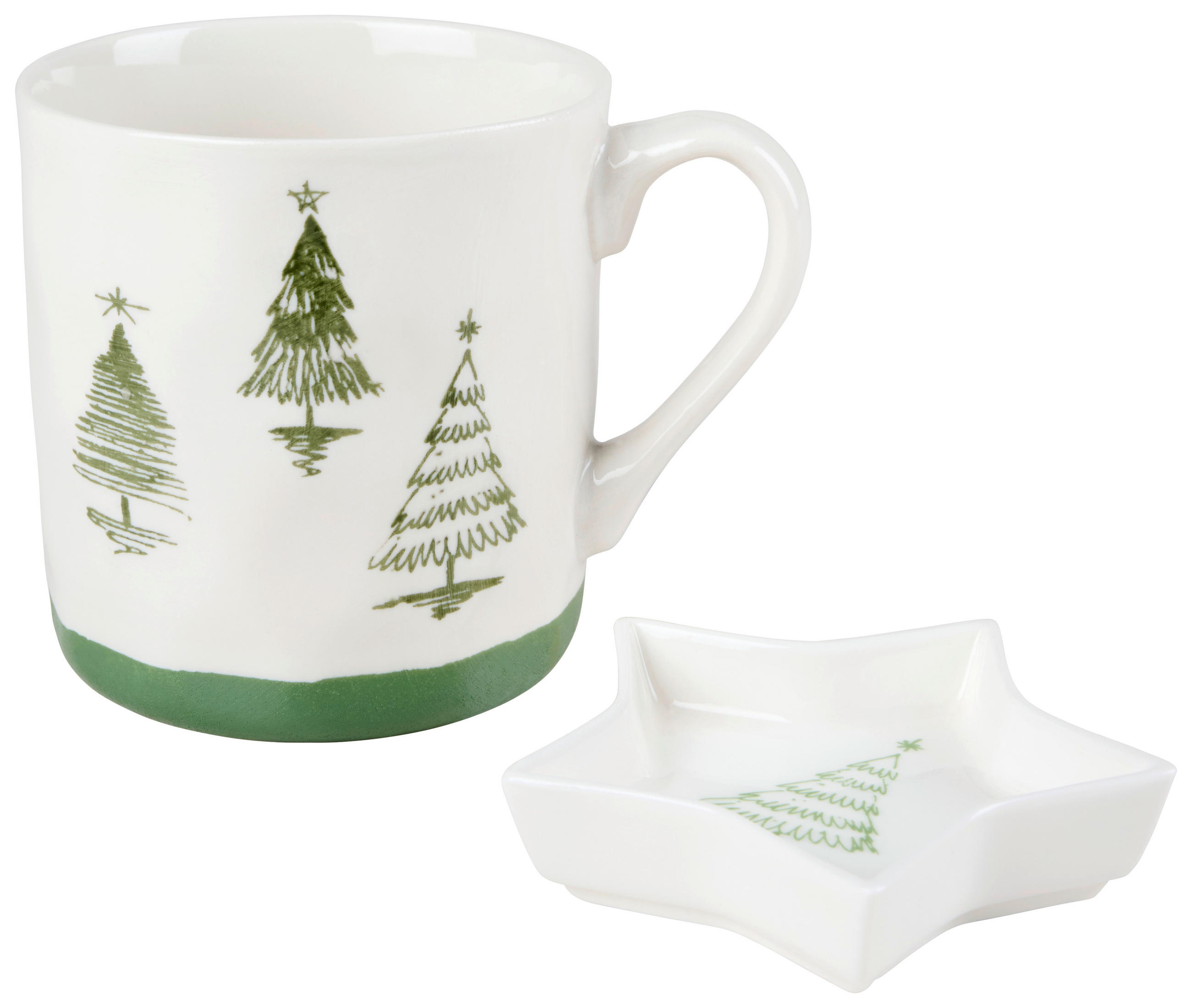 KAFFEETASSE MIT UNTERTASSE  - Weiss/Grün, Lifestyle, Keramik - X-Mas