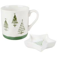 KAFFEETASSE MIT UNTERTASSE  - Weiss/Grün, Lifestyle, Keramik - X-Mas