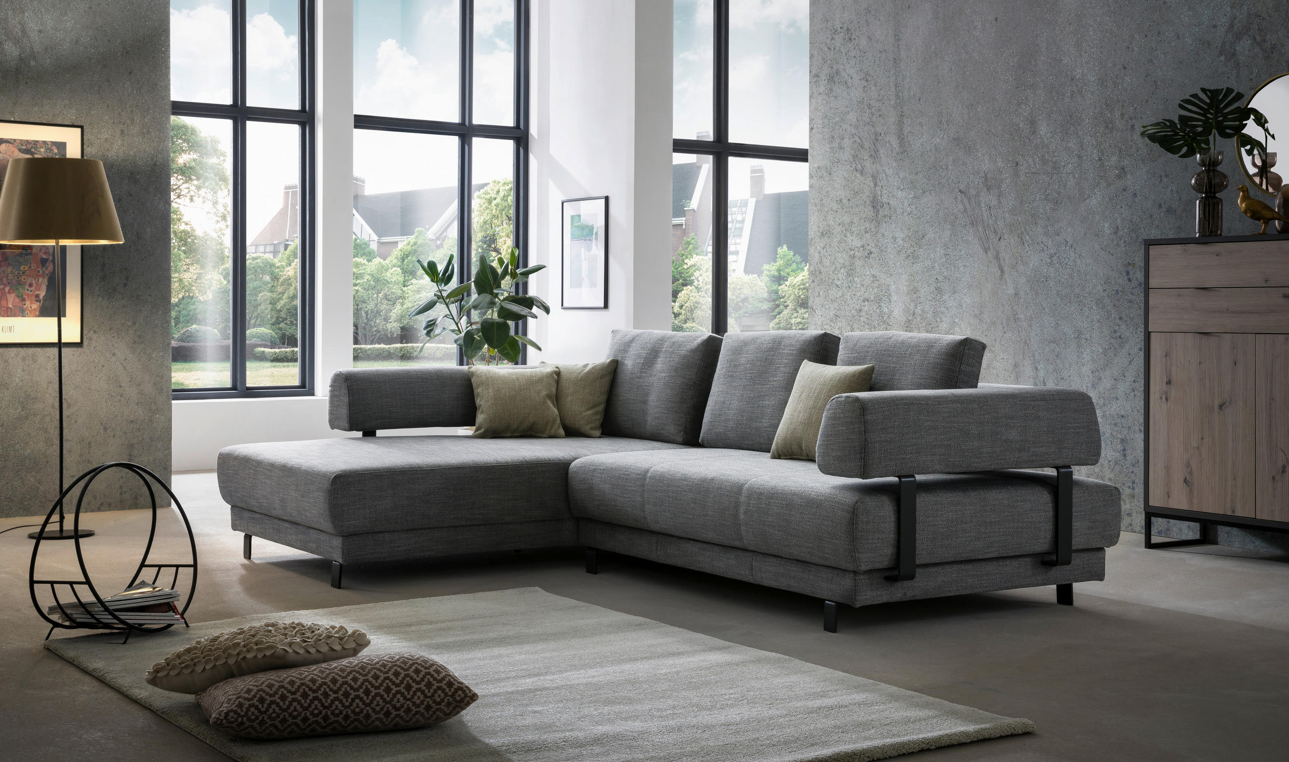 ECKSOFA Grau Flachgewebe - Schwarz/Grau, Design, Textil/Metall (202/279cm)