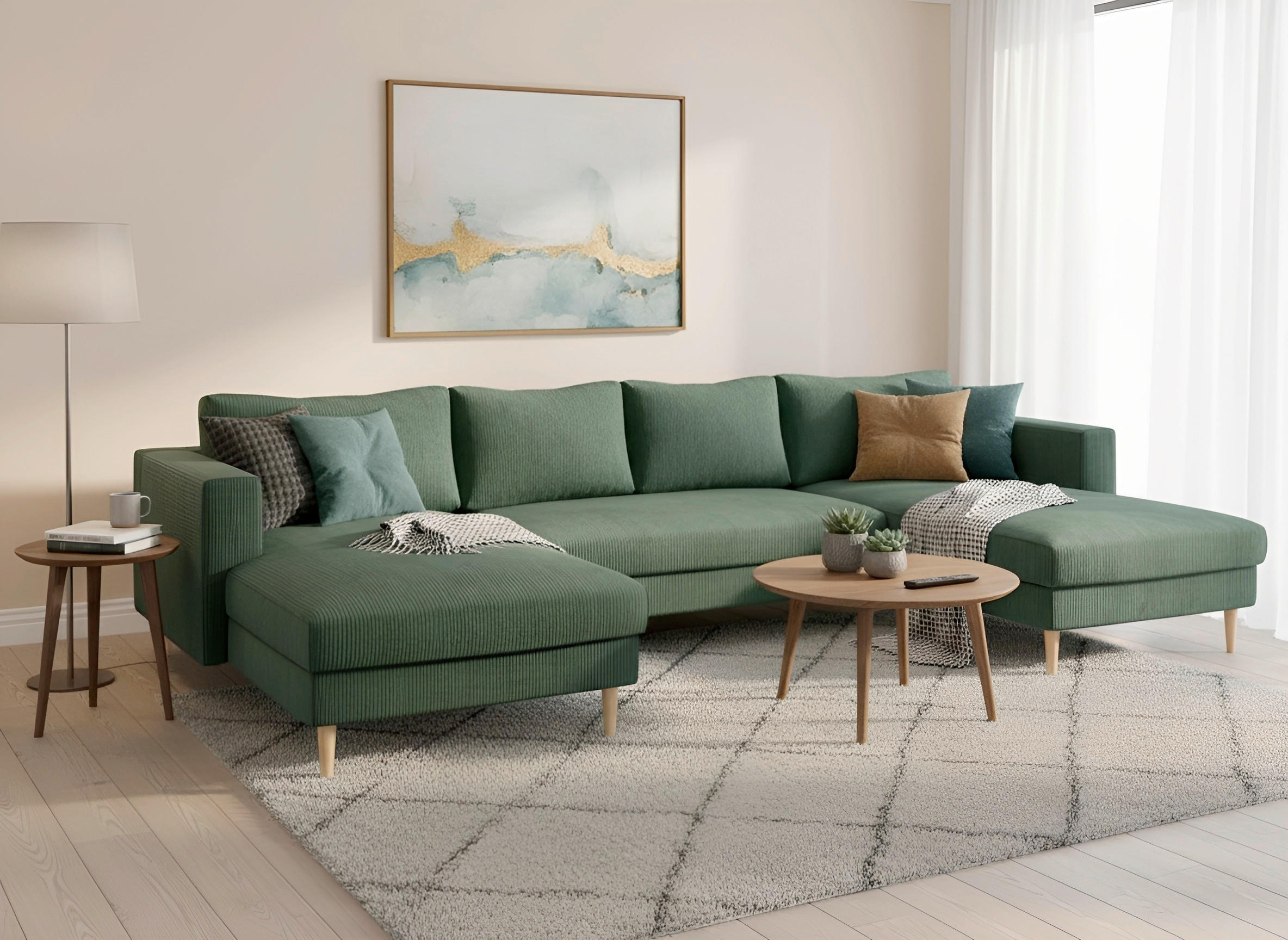 WOHNLANDSCHAFT Dunkelgrün Cord  - Dunkelgrün/Buchefarben, MODERN, Holz/Textil (161/306/161cm) - Trendmanufaktur