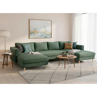 WOHNLANDSCHAFT Dunkelgrün Cord  - Dunkelgrün/Buchefarben, MODERN, Holz/Textil (161/306/161cm) - Trendmanufaktur