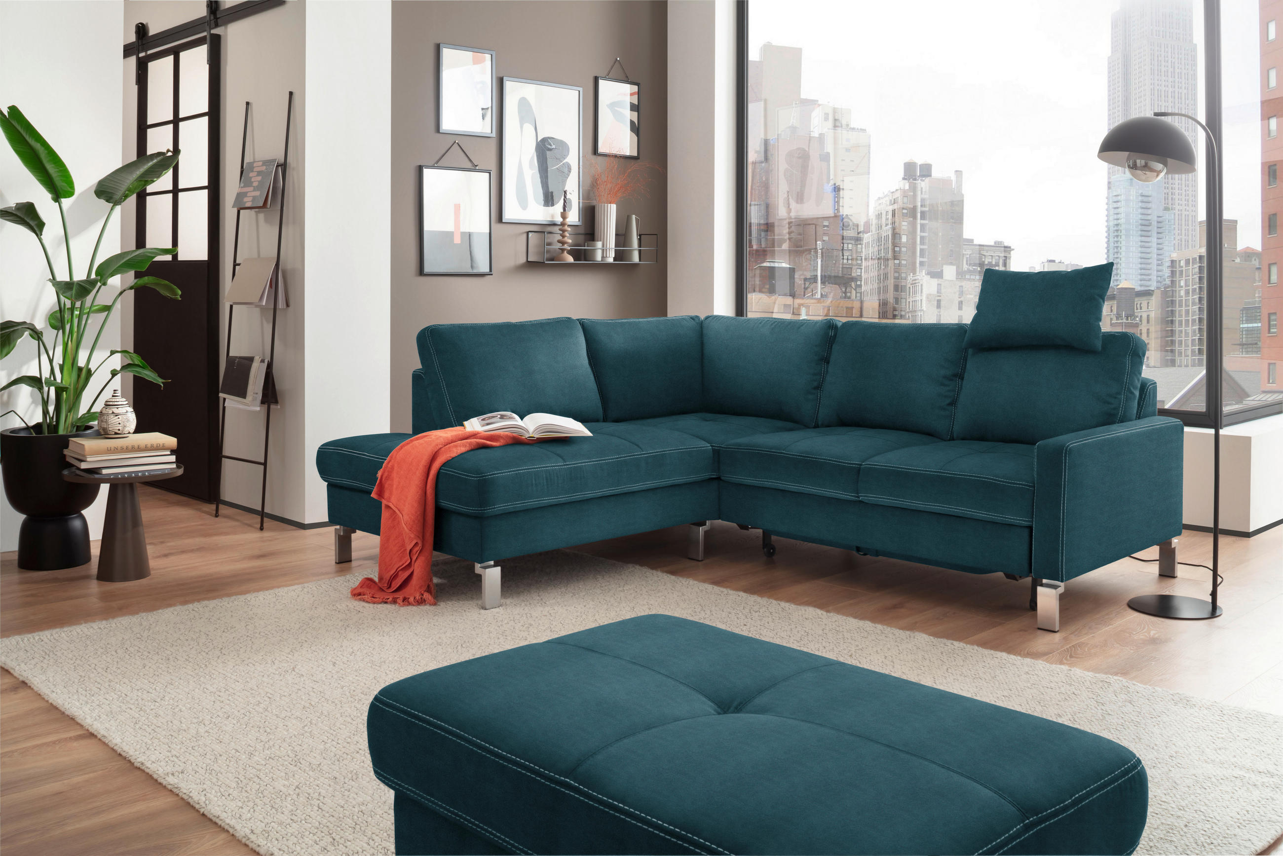ECKSOFA in Mikrofaser Petrol  - Chromfarben/Beige, Design, Textil/Metall (200/229cm) - Pure Home Lifestyle