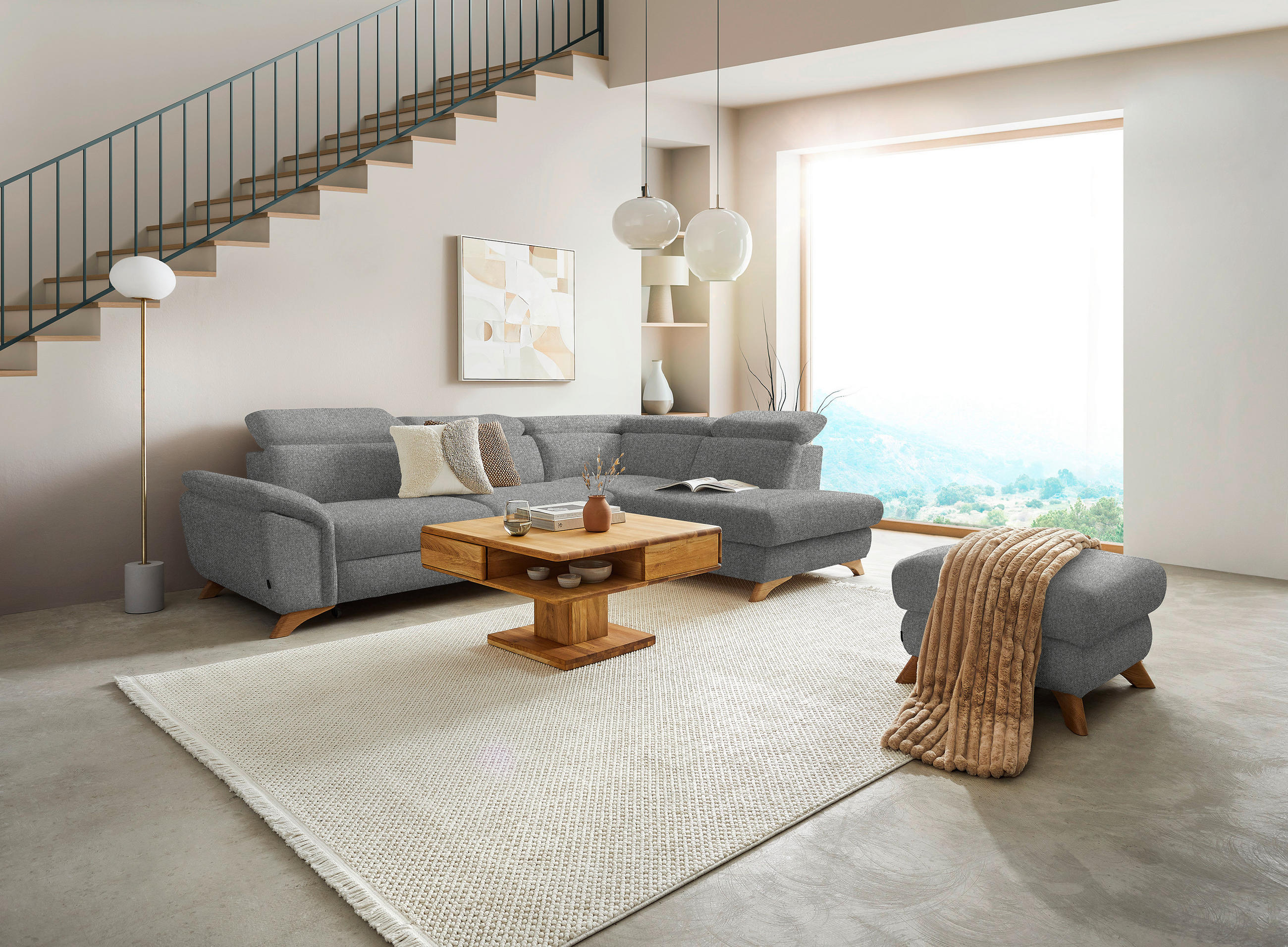 ECKSOFA in Bouclé Hellgrau  - Eichefarben/Hellgrau, Modern, Holz/Textil (287/212cm) - Valnatura