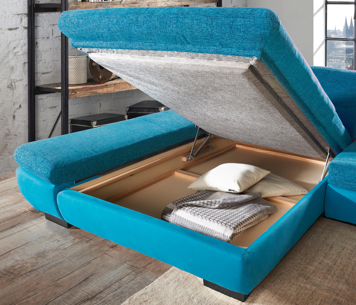ECKSOFA Türkis Mikrofaser  - Türkis/Schwarz, Design, Textil/Metall (204/341cm) - Xora