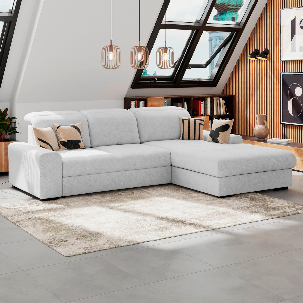 ECKSOFA Silberfarben Chenille Rücken echt, Kopfteilverstellung  - Silberfarben/Schwarz, KONVENTIONELL, Holz/Textil (286/203cm) - MID.YOU