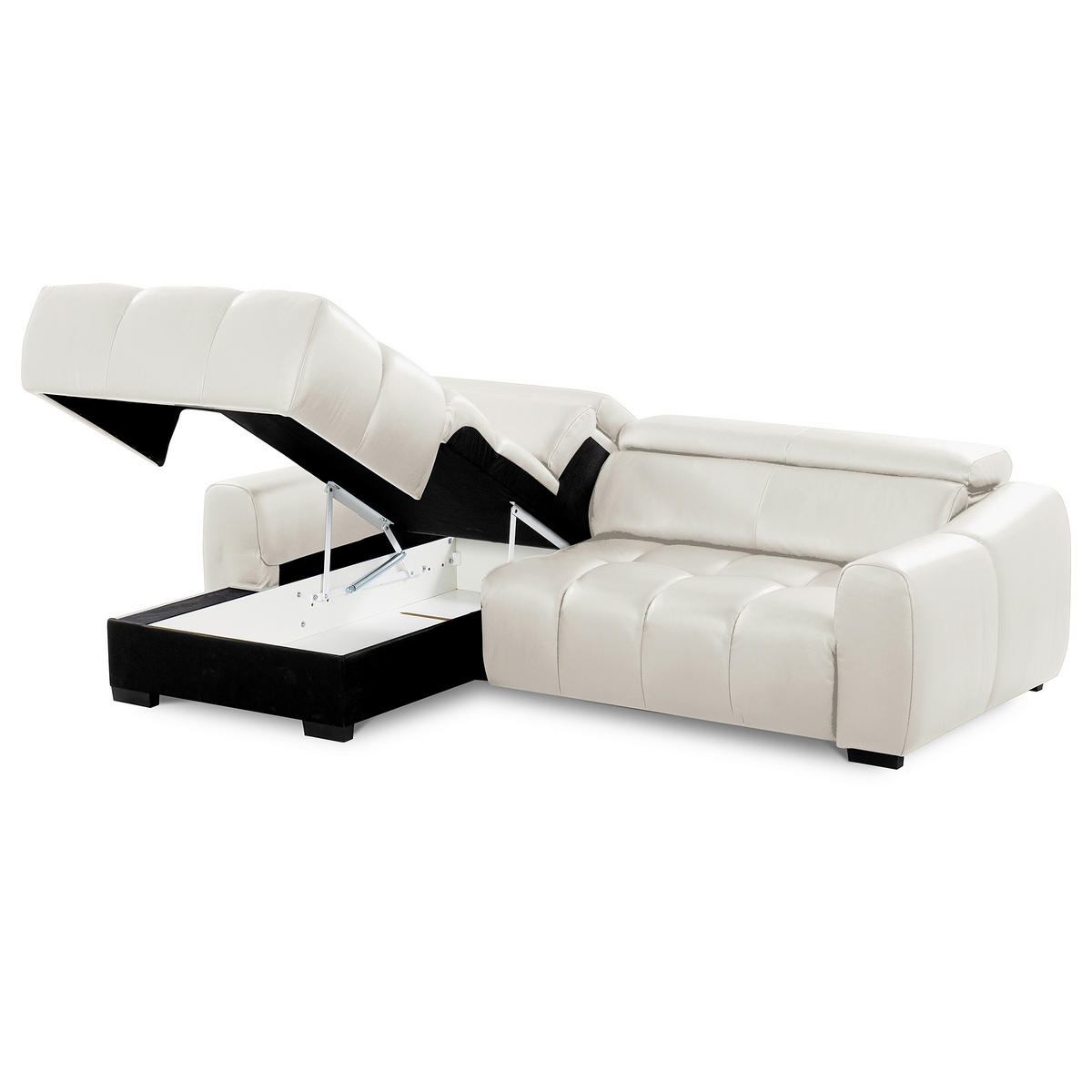 ECKSOFA AVEIRO Weiß Echtleder Bettkasten, Kopfteilverstellung, Sitzvorzug  - Schwarz/Weiß, Design, Leder/Kunststoff (177/274cm) - Livetastic