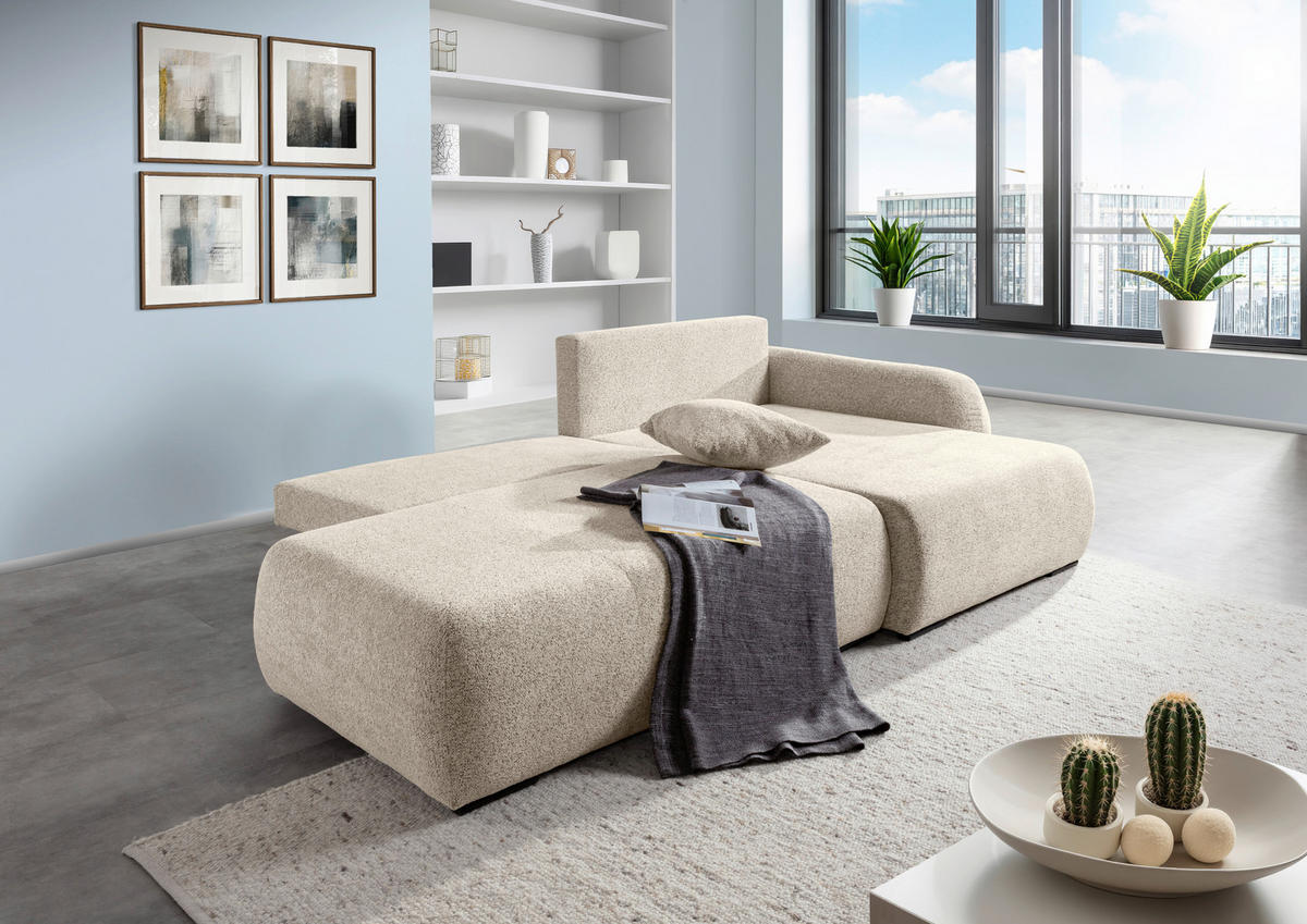 ECKSOFA Beige Flachgewebe Zierkissen, Rückenkissen, Bettkasten, Schlaffunktion, Rücken echt, Liegefläche im Originalstoff  - Beige/Schwarz, KONVENTIONELL, Kunststoff/Textil (260/145cm) - Carryhome