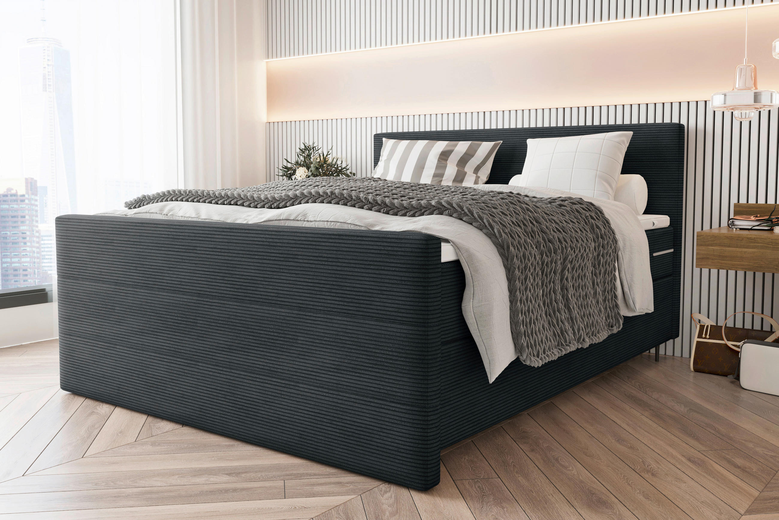 BOXSPRINGBETT 180/200 cm  in Anthrazit  - Anthrazit/Schwarz, Konventionell, Textil/Metall (180/200cm) - Carryhome