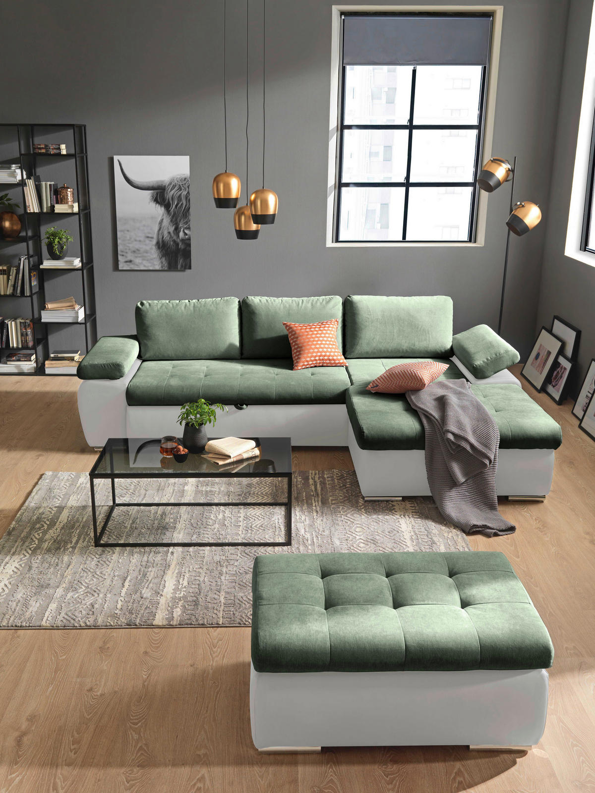 ECKSOFA in Flachgewebe Weiss, Olivgrün  - Weiss/Olivgrün, Design, Kunststoff/Textil (271/175cm) - MID.YOU