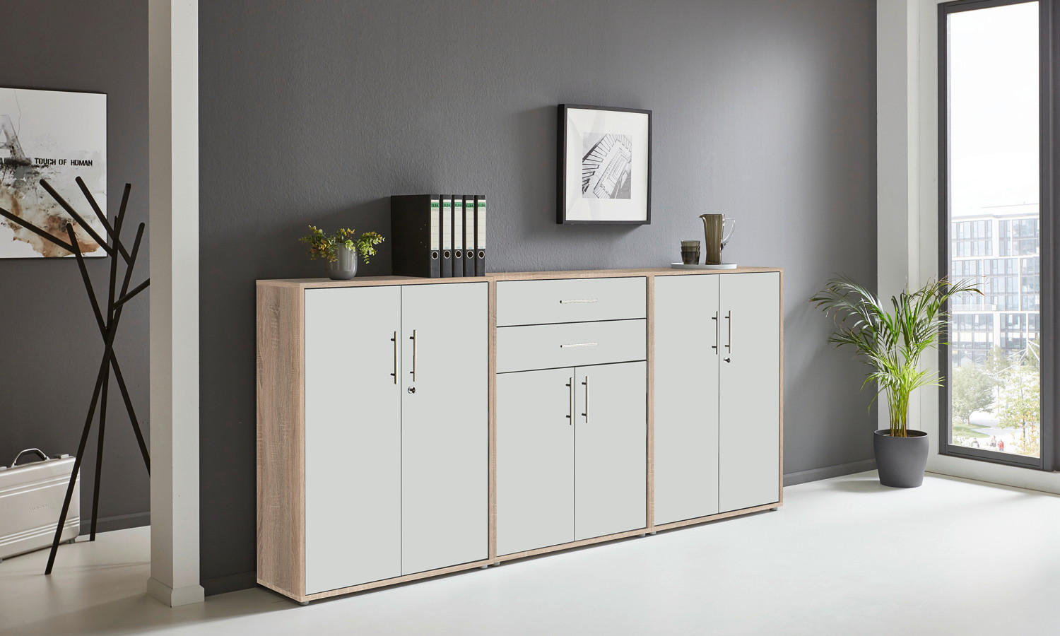 AKTENSCHRANK Weiß, Eichefarben  - Eichefarben/Weiß, MODERN, Holzwerkstoff (253,2/113,6/33cm) - MID.YOU