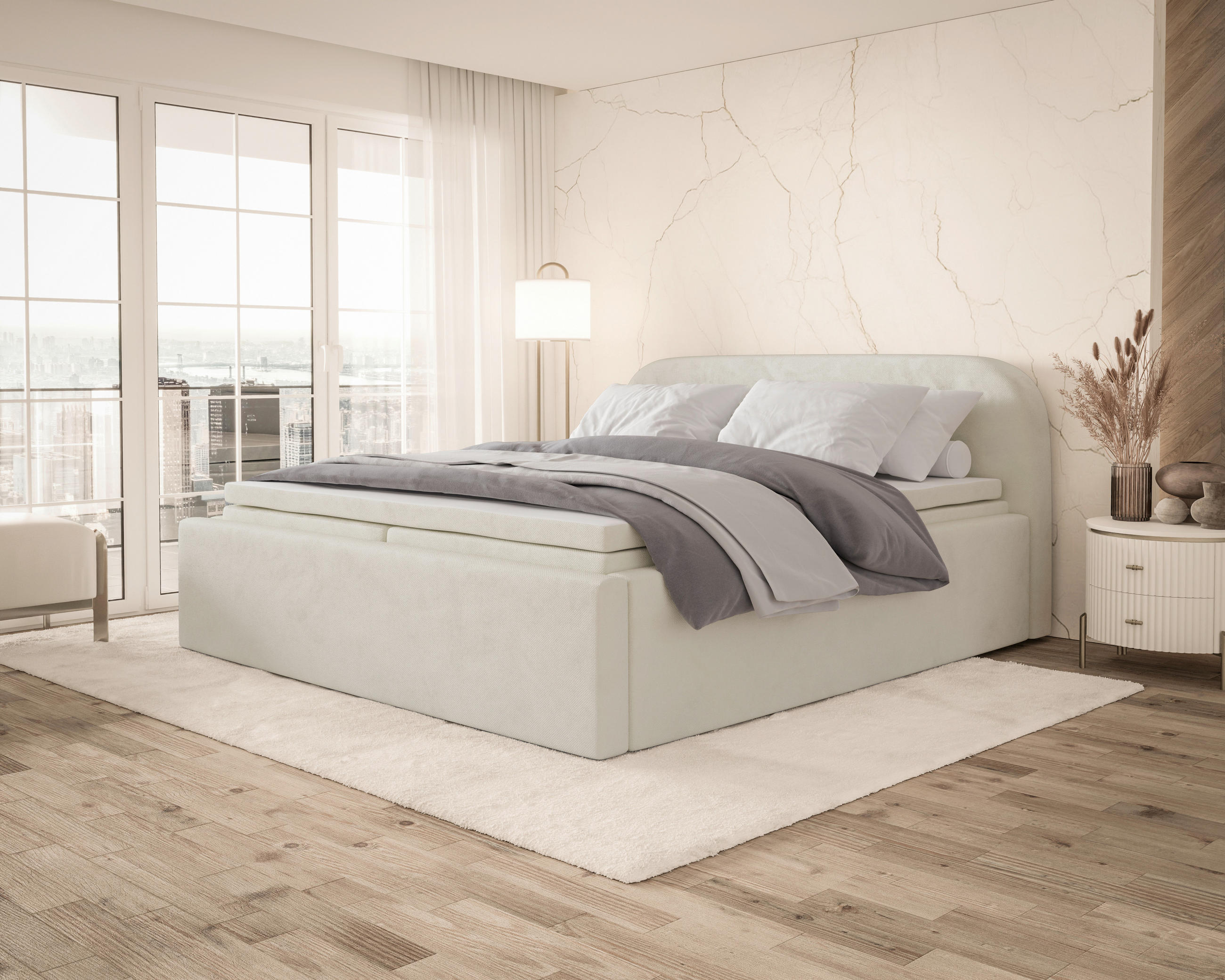 BOXBETT 180/200 cm,  in Beige, Bettkasten, Topper, H2 = mittel  - Beige, MODERN, Textil (180/200cm) - MID.YOU