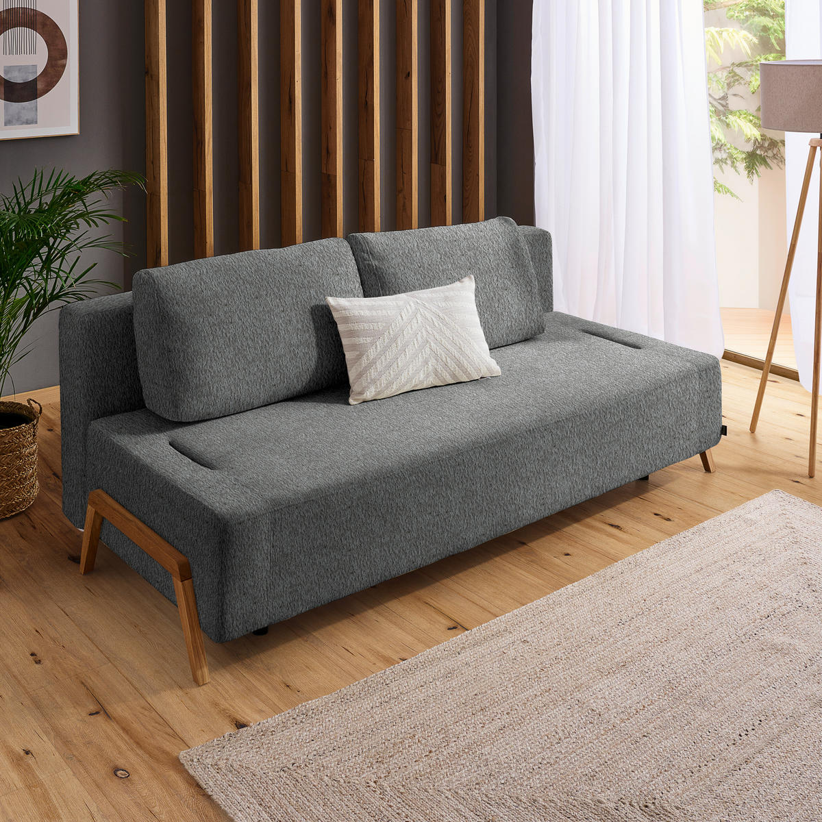 SCHLAFSOFA  mit Stoffauswahl, Armlehnen seitenverkehrt montierbar, Armteil links Teddystoff Grau  - Naturfarben/Grau, Design, Holz/Textil (211/88/102cm) - Niels Andersson