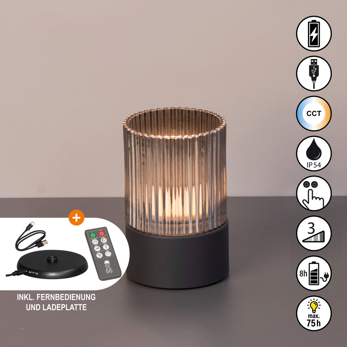 AKKU-TISCHLEUCHTE Ariva Pro 9,5/14,5 cm  - Graubraun/Grau, Design, Glas/Metall (9,5/14,5cm)