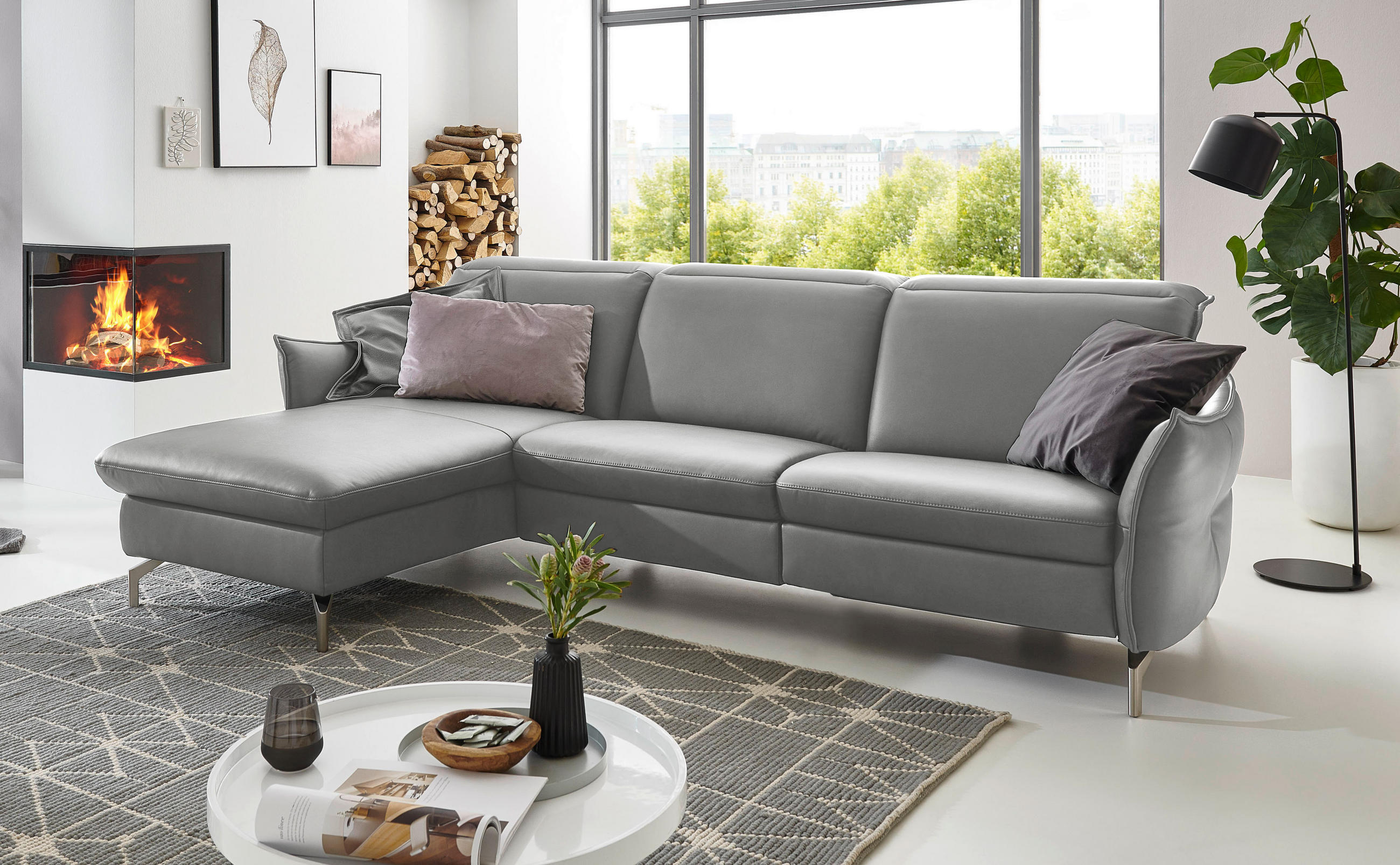 SOFFA i läder ljusgrå - ljusgrå/nickelfärgad, Modern, metall/läder (179/233cm) - Livetastic