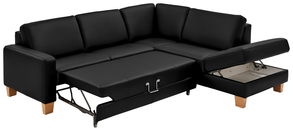 ECKSOFA in Echtleder Schwarz  - Eiche Bianco/Schwarz, Natur, Leder/Holz (257/235cm) - Valdera