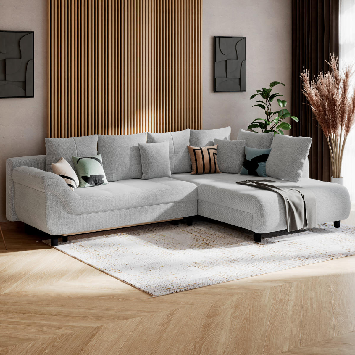 HÖRNSOFFA i chenille, struktur greige  - greige/svart, Klassisk, textil (309/197cm) - MID.YOU