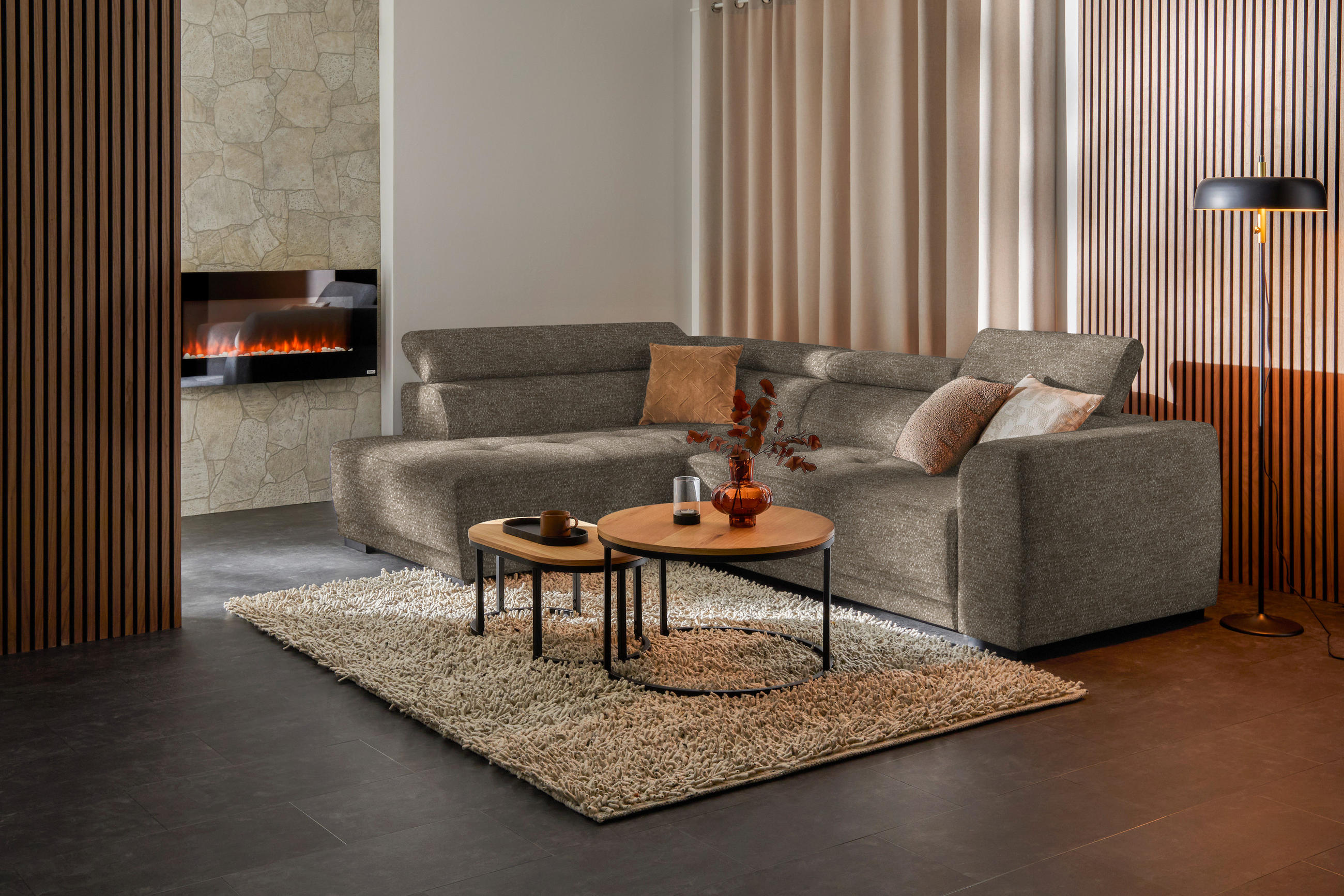 ECKSOFA in Chenille Hellbraun  - Hellbraun/Schwarz, Design, Kunststoff/Textil (205/284cm) - MID.YOU