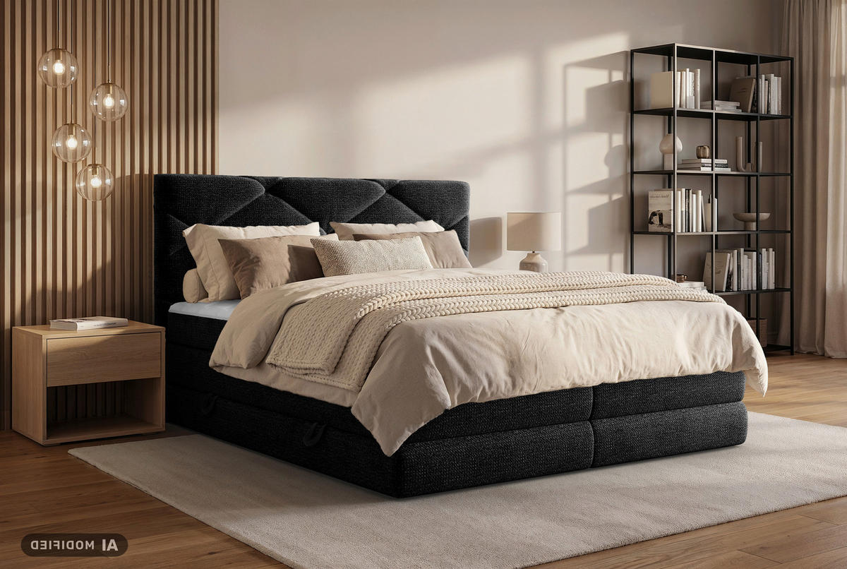 BOXSPRINGBETT 140/200 cm,  in Schwarz, Bettkasten, Matratzen, H3 + H4 = fest + sehr fest  - Schwarz, KONVENTIONELL, Kunststoff/Textil (140/200cm) - Carryhome