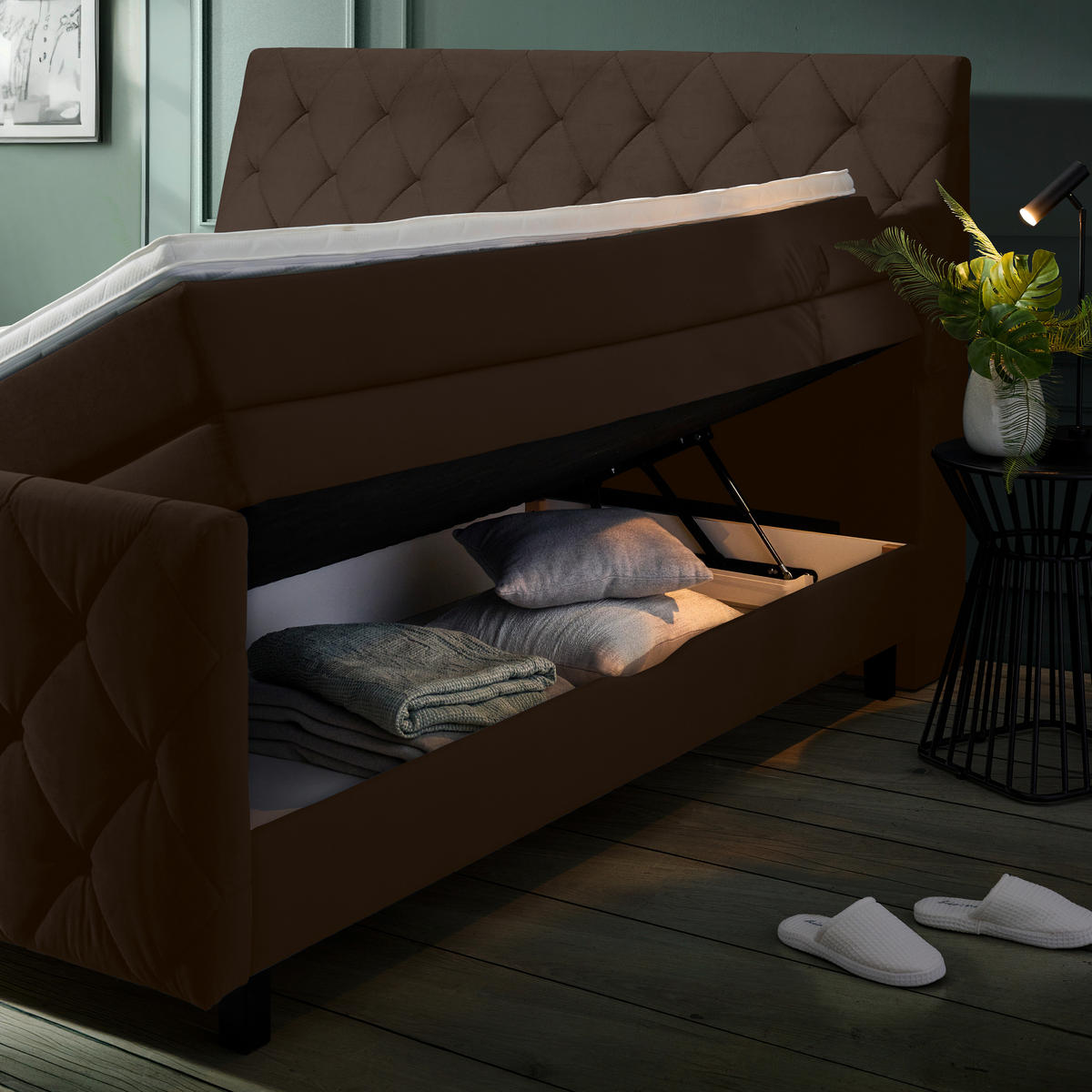 BOXSPRINGBETT 180/200 cm  in Dunkelbraun  - Dunkelbraun/Schwarz, KONVENTIONELL, Holz/Textil (180/200cm) - Ti'me