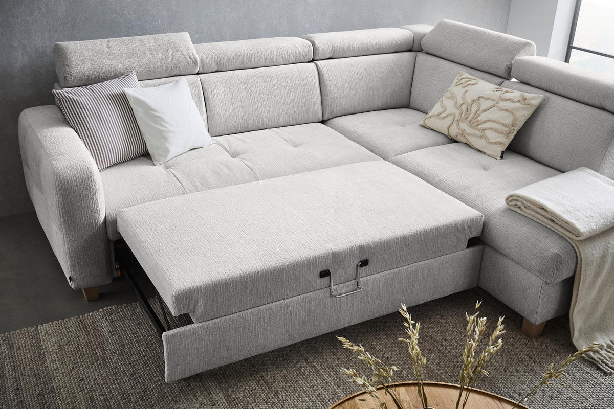 ECKSOFA inkl. Funktionen Grau Samt  - Grau, Natur, Holz/Textil (261/206cm) - Venda