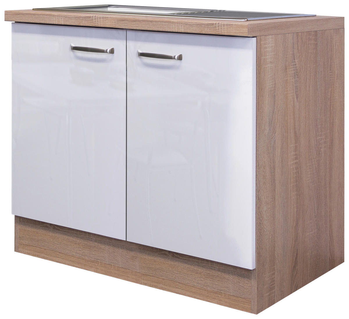 SPÜLENUNTERSCHRANK 100/86/57 cm  in Sonoma Eiche, Weiß Hochglanz  - Edelstahlfarben/Weiß Hochglanz, KONVENTIONELL, Holzwerkstoff/Metall (100/86/57cm) - FlexWell