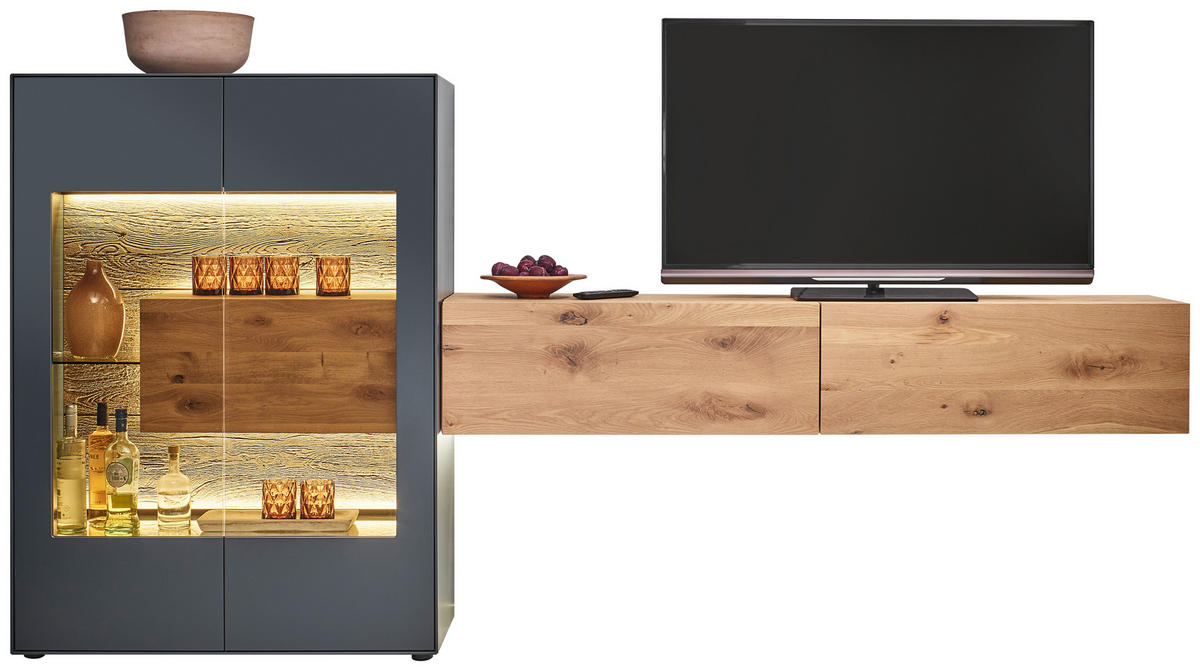WOHNWAND  in Anthrazit, Eichefarben 299/148/44 cm  - Eichefarben/Anthrazit, Natur, Glas/Holz (299/148/44cm) - Valnatura