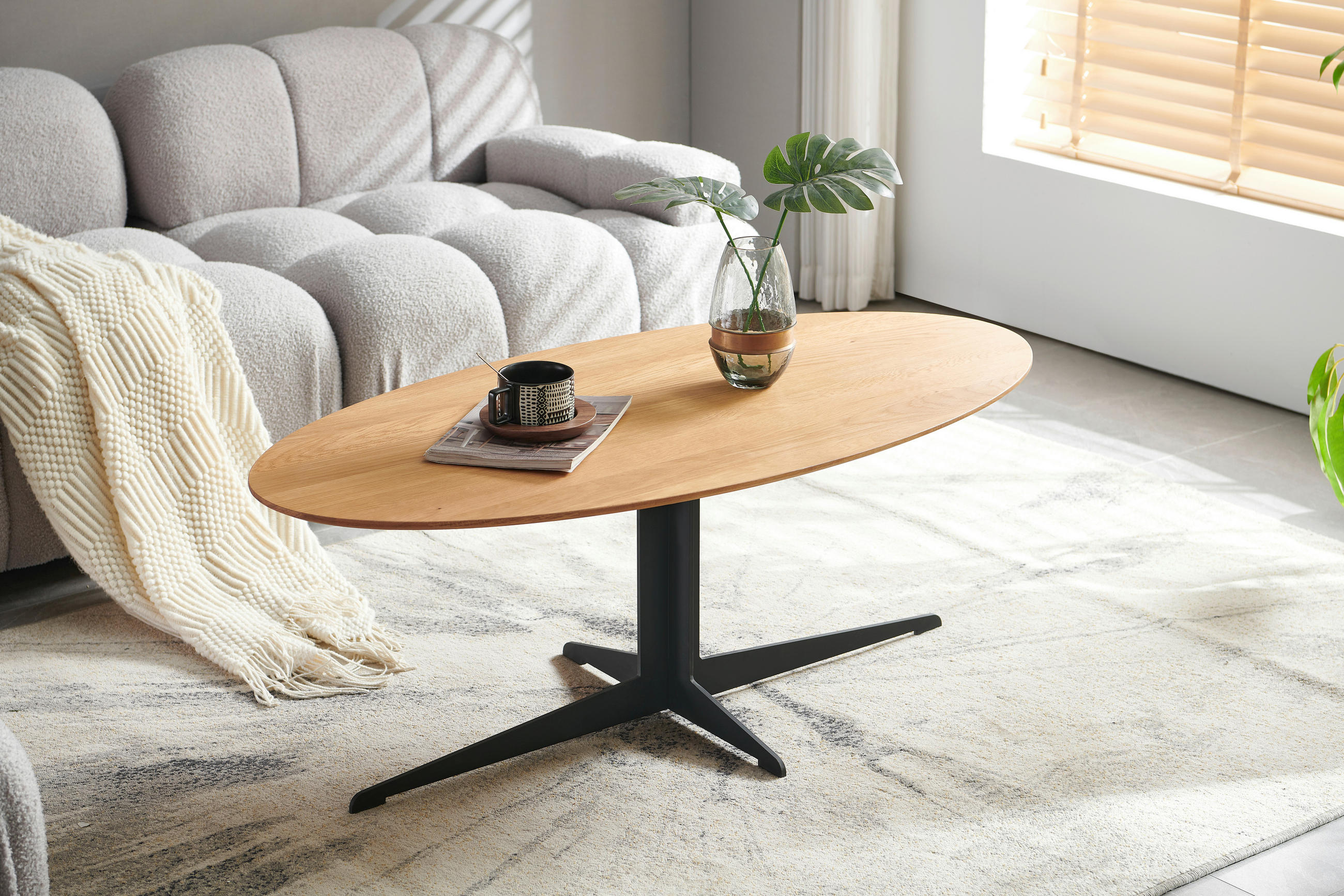 Thumbnail - Livetastic Couchtisch, Natur, Schwarz, Holz, Metall, Eiche, massiv, oval, Sternfuß, 44.5x60x120 cm, Wohnzimmer, Wohnzimm...