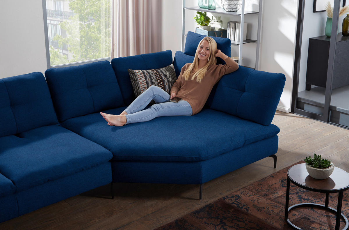 ECKSOFA  in Flachgewebe Blau  344/157 cm  - Blau/Schwarz, Design, Textil/Metall (344/157cm) - Chilliano