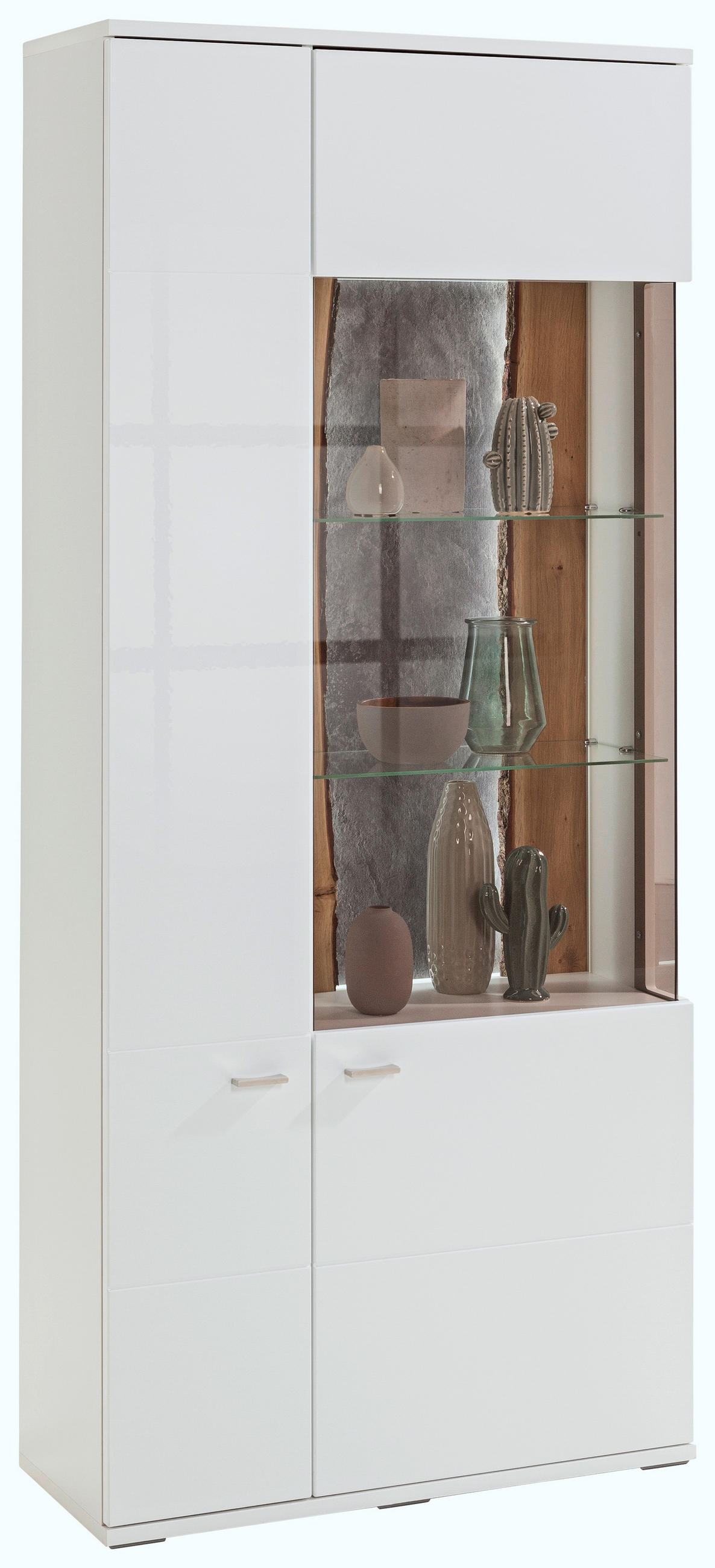 VITRINE  in Weiß, Eichefarben, Schieferfarben, Weiß Hochglanz  - Schieferfarben/Eichefarben, Design, Glas/Holzwerkstoff (90,1/207,4/37,2cm) - SetOne by Musterring