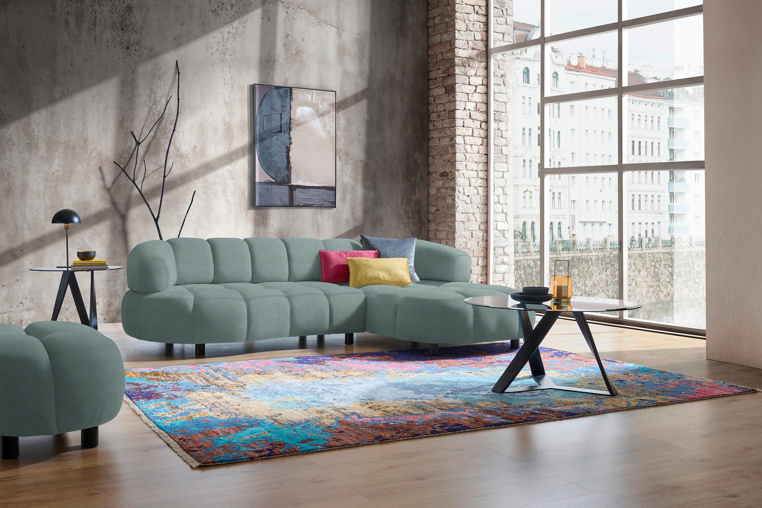 ECKSOFA in Webstoff Mintgrau  - Mintgrau/Schwarz, Design, Holz/Textil (284/183cm) - Welnova