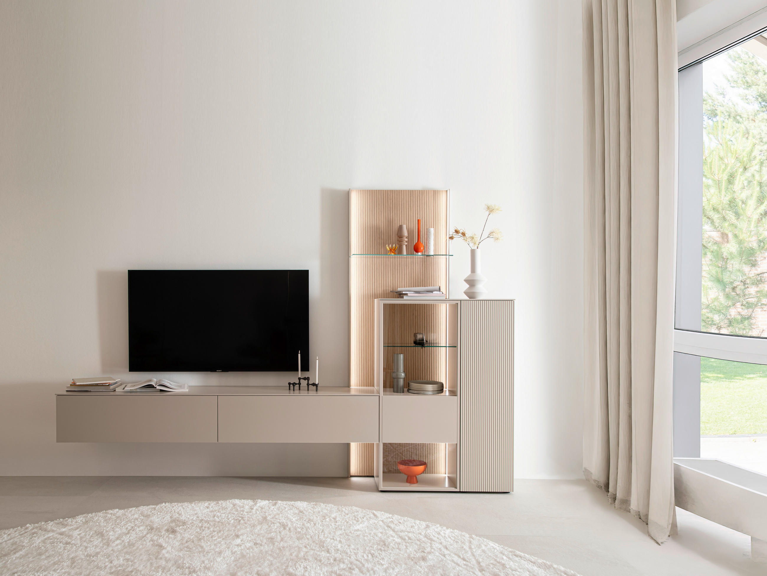 WOHNWAND  in Eichefarben, Kaschmir 340/234/45 cm  - Kaschmir/Eichefarben, Design, Glas/Holz (340/234/45cm) - Schöner Wohnen