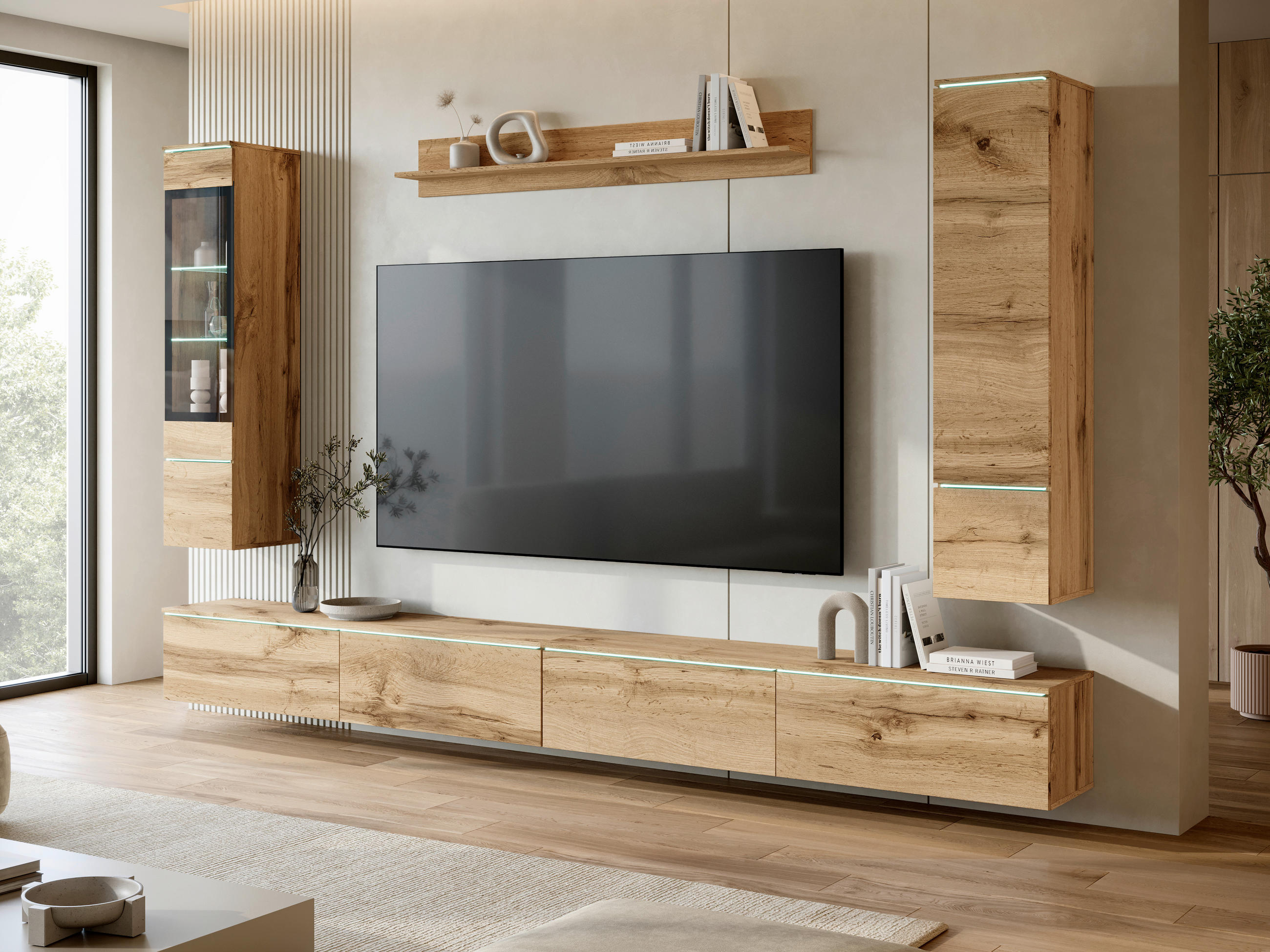 WOHNWAND 5-teilig  Eiche Wotan 300/162/33 cm  LED-Leuchtmittel   - Eiche Wotan/Grau, Basics, Glas/Holzwerkstoff (300/162/33cm) - P & B