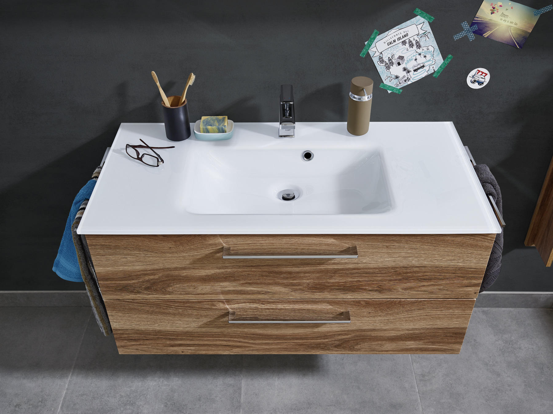 Thumbnail - Novel Badezimmer, Eiche, Stein, Holzwerkstoff, 2 Schubladen, 100 cm, Goldenes M, Made in Germany, hängend, planbar nach ...
