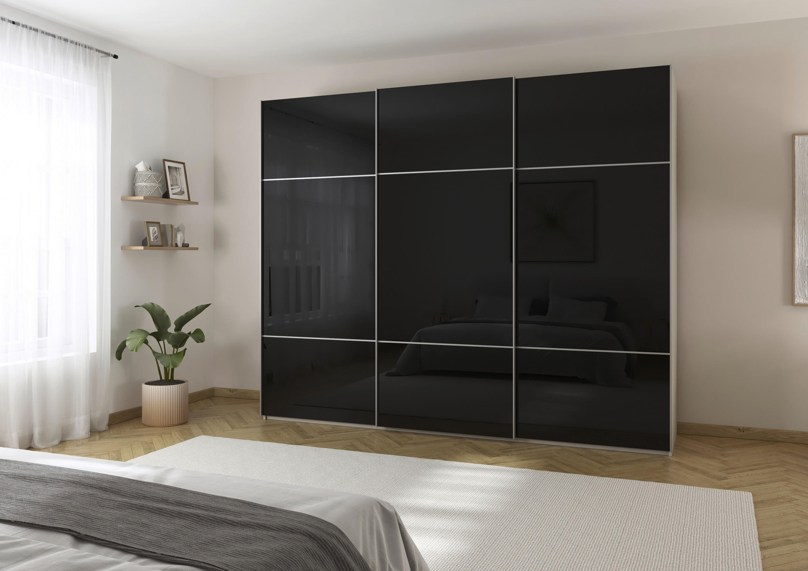 SCHWEBETÜRENSCHRANK 301/223/68 cm 3-türig Schwarz, Champagner  - Champagner/Alufarben, KONVENTIONELL, Glas/Holzwerkstoff (301/223/68cm) - Novel