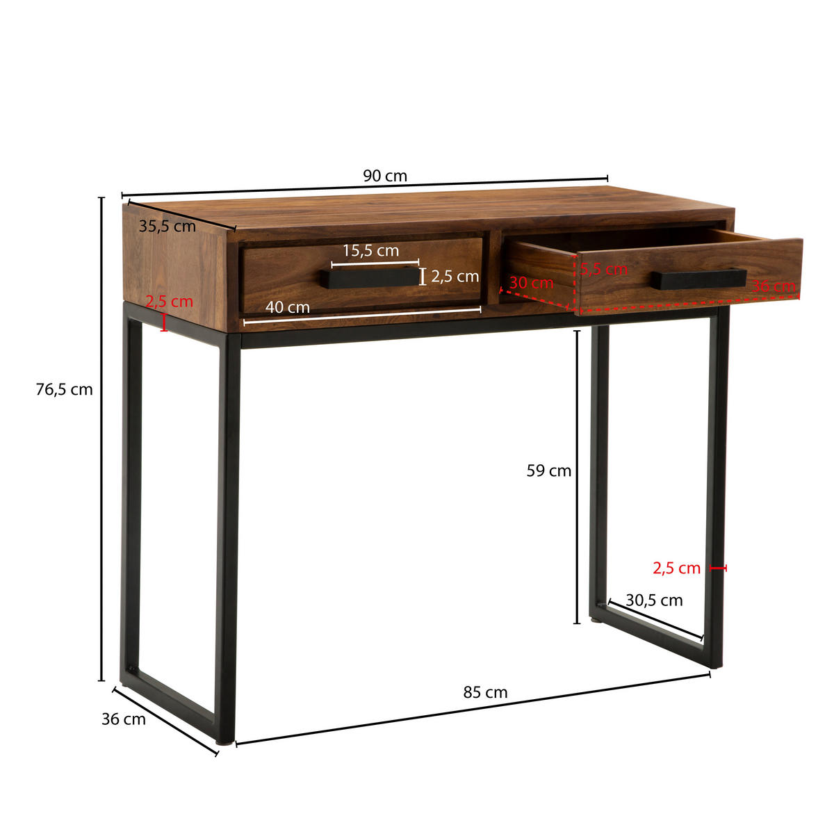 KONSOLENTISCH in Holz 90/35,5/76,5 cm    - Sheeshamfarben/Schwarz, KONVENTIONELL, Holz/Metall (90/35,5/76,5cm) - MID.YOU