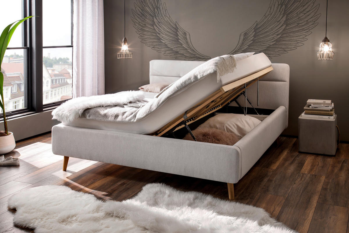 POLSTERBETT Lotte Bettkasten, Lattenroste 160/200 cm  in Hellgrau  - Eichefarben/Birkefarben, KONVENTIONELL, Holz/Textil (160/200cm) - Boxxx